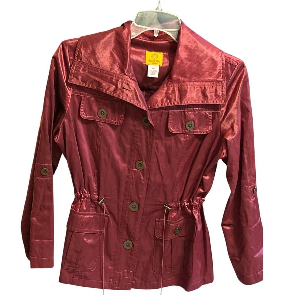 Ruby Rd. Petite Metallic Burgundy/Cranberry drawstring jacket Size 10P
